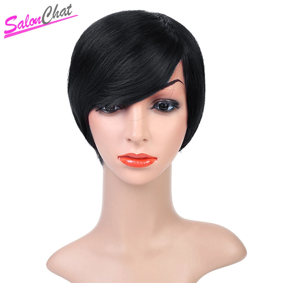 

SalonChat Straight Short Human Hair Wigs Omber Black Red Purple Blue Full Head Glueless Wig Brazilian Non-Remy Human Hair Wigs