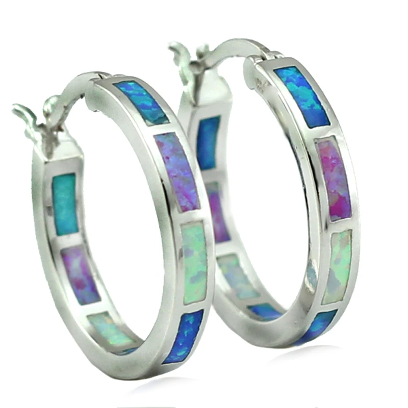 

HAIMIS Wholesale Retail Great Synthetic Blue White Pink Fire Opal Women Opal Hoop Earrings 20mm Free Gift Box