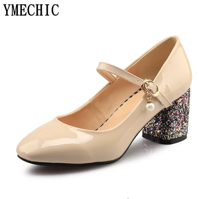Женские туфли лодочки YMECHIC 2018 на высоком массивном каблуке с кристаллами и