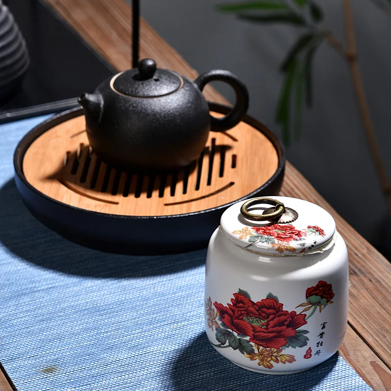 Peony Pattern Tea Coffee Sugar Storage Jars Spices Box For Kitchen White Porcelain Tea Box Small Kitchen Canister Seal Snack Can