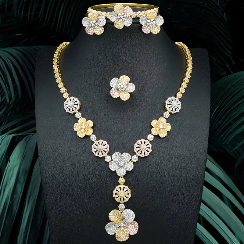 

ModemAngel Luxury Flowers Delicate Necklace Bangle Earring Ring Cubic Zirconia For Dubai Women Wedding Engagement Jewelry