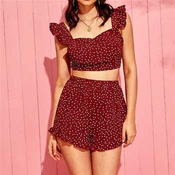 

Women's Sexy Sleeveless Backless Crop Top Elastic Waist Short Pant Polka Dot Pattern Set New Fashion Style