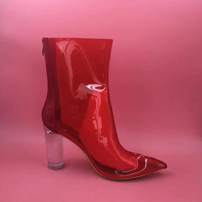 Red PVC Jelly Boots Womem Plastic Pointed Toe Fall Boots Custom Block ...