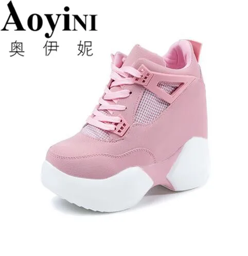 

2018 Fashion Brand Spring Winter Women's High Platform Shoes Height increasing Leathe Shoes Thick Sole Trainers Lady Shoes Pink
