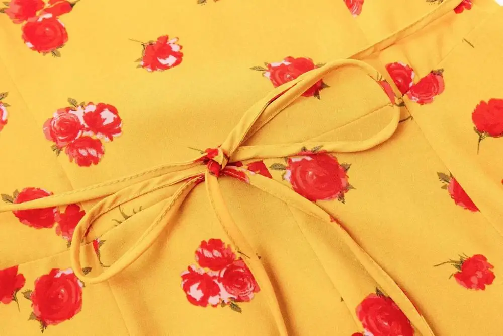 2019 V шеи Цветочный желтый сплит vestidos шифоновое платье с запахом шикарное