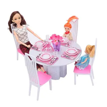 

Dining Table for Barbie Doll House White Porcelain Miniature Furniture New Style Play set Toys for Girl Free Shipping