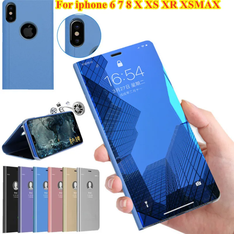 

Luxury Mirror Flip Case For iphone 7 8 6 Plus X XS XR XSMAX 5 5S Stand Function To Watch Video Release Hands Coque Cover Shell