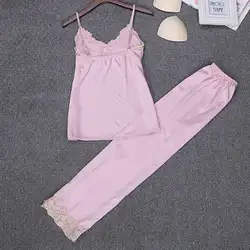 Простая Пижама, комплект, Женская Сексуальная атласная Модная кружевная Пижама, одежда для сна, длинные штаны, комплект для сна, элегантные