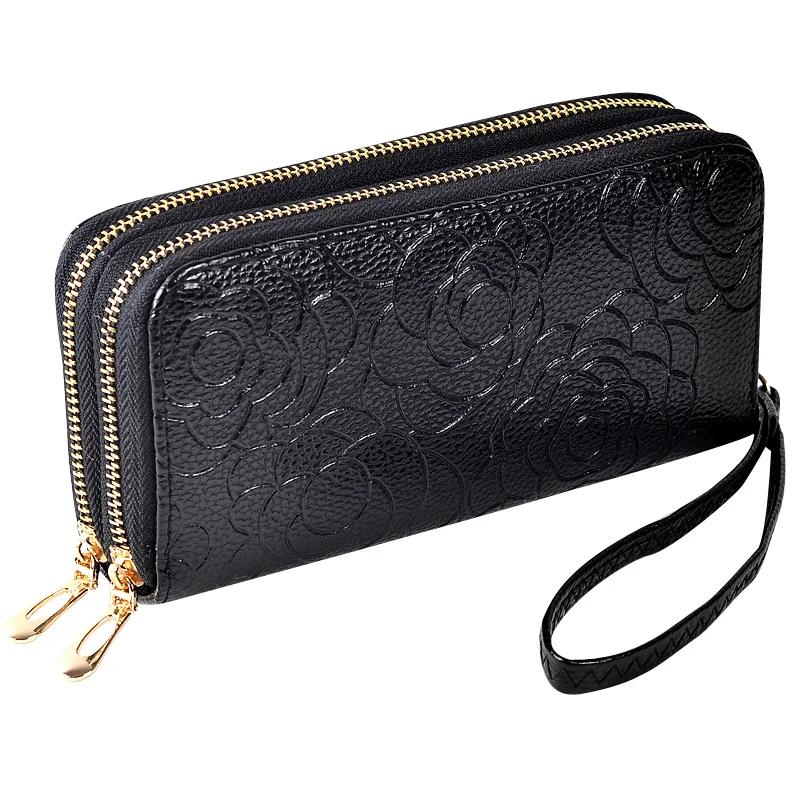 

Embossed double zipper double layer wrist wallet bag clutch ladies long coin holder large capacity hand phone bag handbag wallet