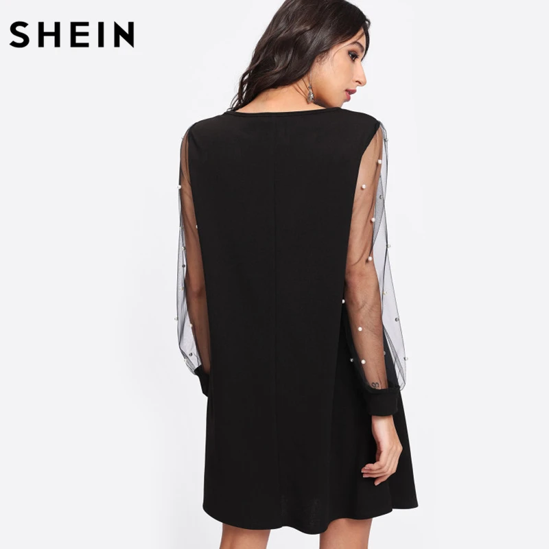 Günstig SHEIN Elegante Frauen Kleider Perle Perlen Mesh Sleeve Tunika Kleid Herbst Schwarz Boot ausschnitt Langarm EINE Linie Kleid