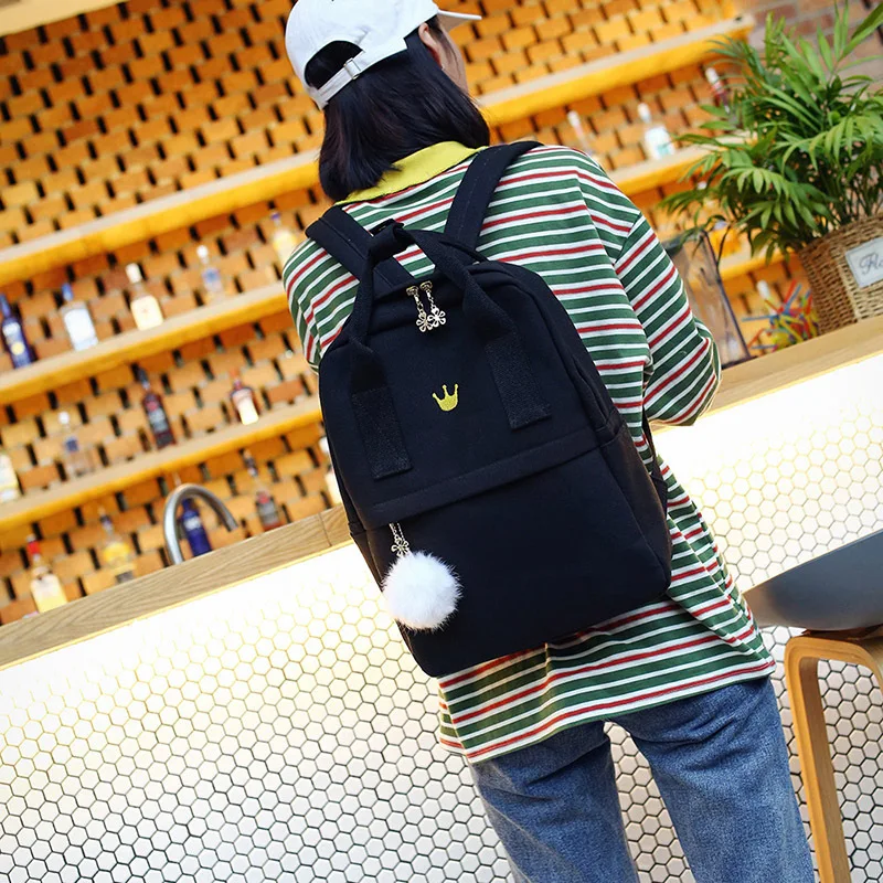 

Japan and Korea Style Harajuku Cartoon Cute Embroidery Cat Crown Canvas Backpack Lovely Preppy Style Satchel School Bag For Girl
