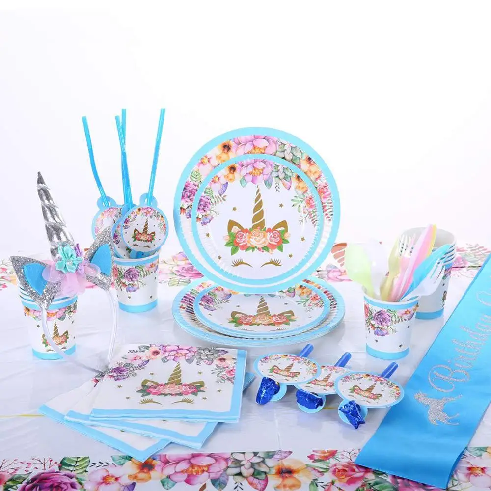 

1set Unicorn Theme Party Disposable Tableware Kits Kids Birthday Paper Plates Baby Shower Tablecloth Unicorn Party Cake Toppers