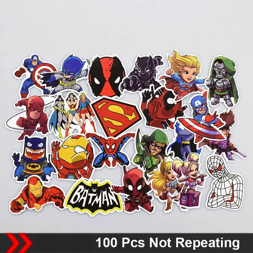 

100pcs/pack Mixed Stickers Anime Superhero Cartoon Stickers Doodle Decals DIY Fridge Skateboard Guitar Waterproof Sticker Toy