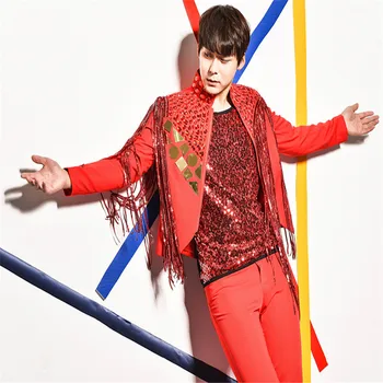

R62 Red sequin dj suit ballroom dance costumes party wears model dress jacket bar vest club pants singer t-shirt show clothing