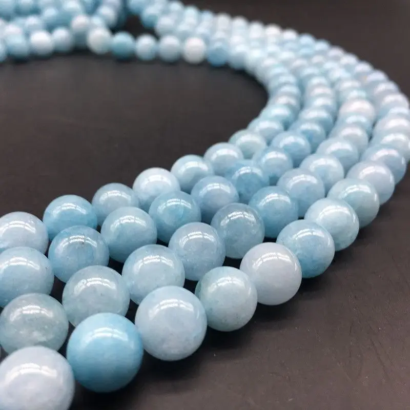 6 8 10 12MM Genuine Natural Aquamarine Round Gemstone Loose Beads 15