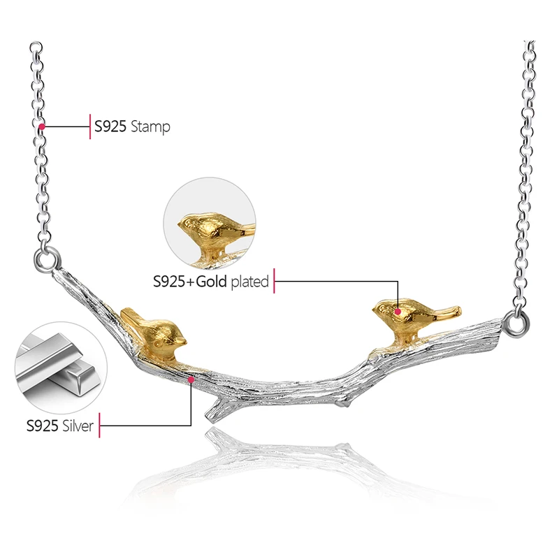Lotus Fun Solid 925 Sterling Silver Pendants Necklaces for Women Double Lover Birds on Branch statement necklace wedding Jewelry