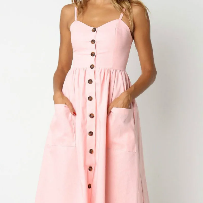 

3XL Button Decoration Summer Cotton Dress Women Elegant Party Fit Flare Slim Midi Dress Boho Sleeveless Backless Beach Dresses