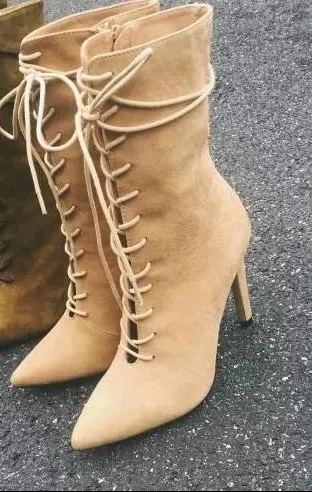 

New Arrival Pointed Toe High Heel Mid-calf Boots Lace Up Cut-outs Booties Mujer Spring Autumn Party Dress Shoes Women