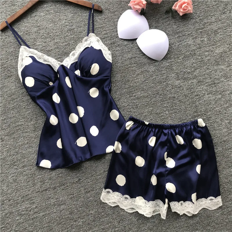

Sexy Summer Lace Pajamas Sleepwear for Women Sleeveless Spaghetti Strap Pyjamas Satin Cami Top + Shorts Pajamas Sets Nightwear
