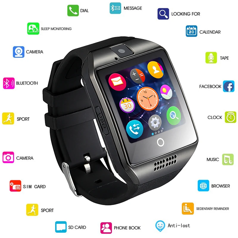 

Bluetooth Smart Watch Q18 With Camera Facebook Whatsapp Twitter Sync SMS Smartwatch Support SIM TF Card For IOS Android