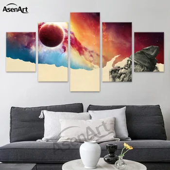 

Canvas Painting 5Panel Abstract Smorking Thinking Old Man Wall Art Frame Pictures for Home Living Room Decoration Ready To Hang