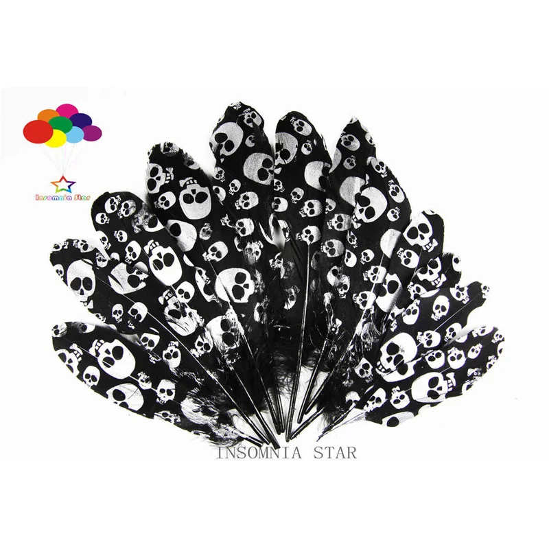 

10pcs 100% natural Dyed goose feather 15-25cm/6-10inch black Beautiful Silver skull Goose for Diy costume mask headdress