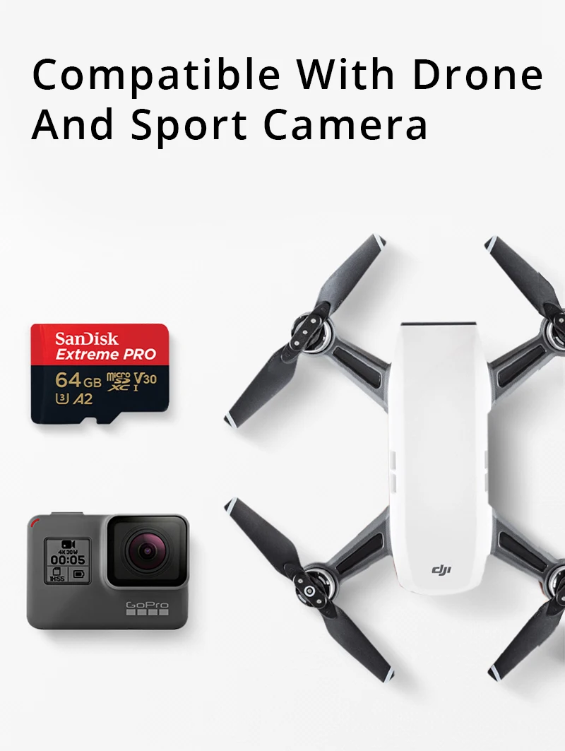 Карта памяти SanDisk MicroSD 64GB Drone recorder tf-карта 128GB 256GB C10 U3 A2 V30 для Samrtphone/tv 170 МБ/с. с адаптером SD