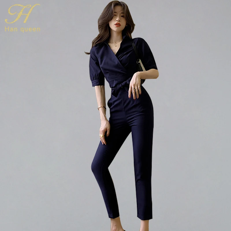 

H Han Queen Women Summer Elegant 2 Pieces Suits OL Half Sleeve V-neck Crop Top And High Waist Ankle-length Pants Work Wear Set