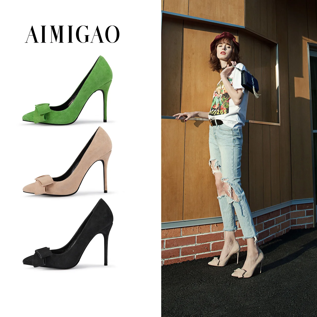 

AIMIGAO Genuine Suede Leather Pointed Toe Stiletto High Heel Shoes Fashion Solid Color Lovely Bowknot Pumps Shoes 2018 Spring