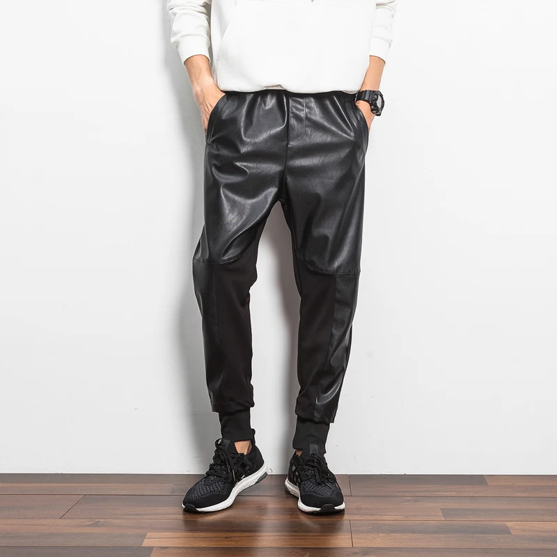 Faux Leather Men Pants Patchwork Streth Black Male Trousers