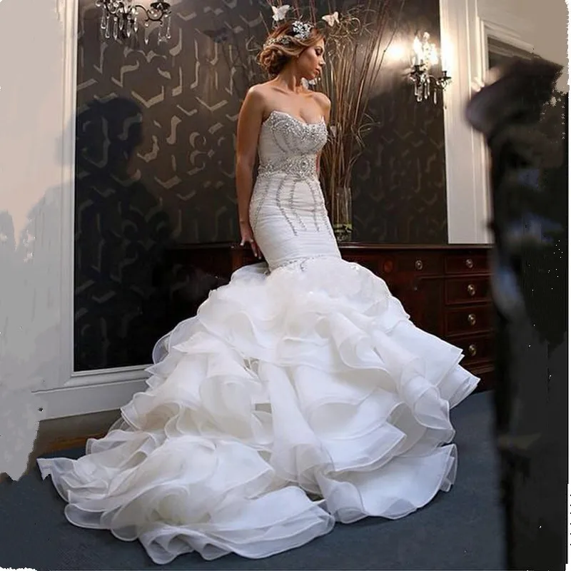 

Vestido De Noiva New Vintage 2019 Mermaid Wedding Dresses Strapless Bling Crystal Ruffle Organza Ruched Luxurious Wedding Gowns