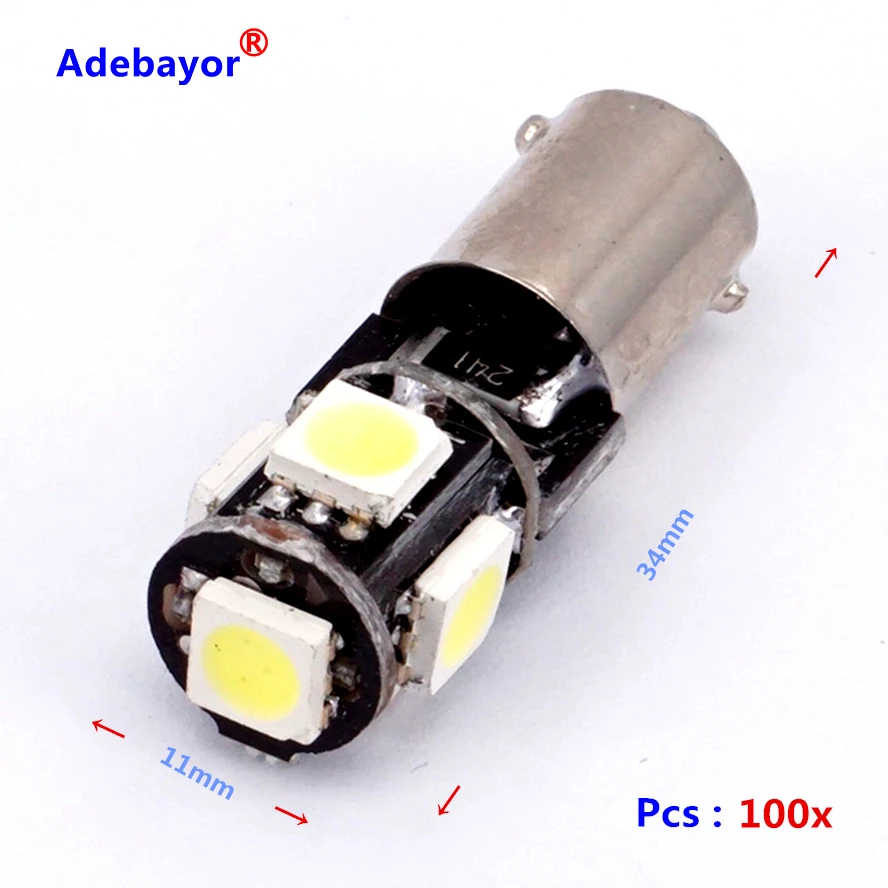 100 x T4W T11Car лампочка CANBUS без ошибок BA9S светодиодный H6W белая 5050 SMD 5 ная лампа для