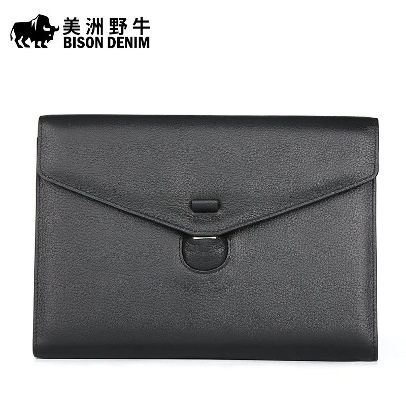 

BISON DENIM High Quality Men Cowhide Clutch Bag Genuine Leather Business Handbags Large Capacity Wallet Men's Bag Free Shipping
