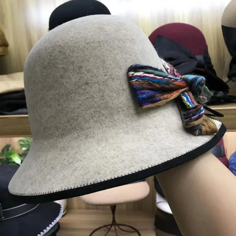 Элегантная шерстяная фетровая шляпа-котелок с черными полями и бантиком, женская зимняя шляпа, фетровые шляпы, женское платье, Кепка в стиле Дерби