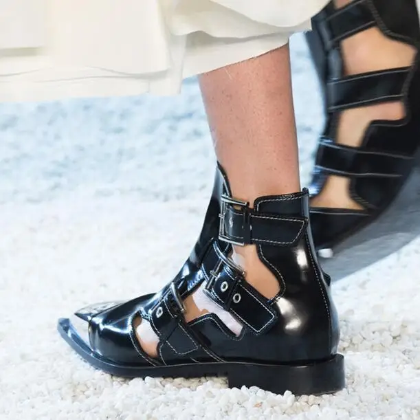 

Hot 2019 Spring Girls Black Casual Punk Style Cuts Out Pointed Toe Metal Rivets Buckle Straps Flat Short Ankle Sandals Boots