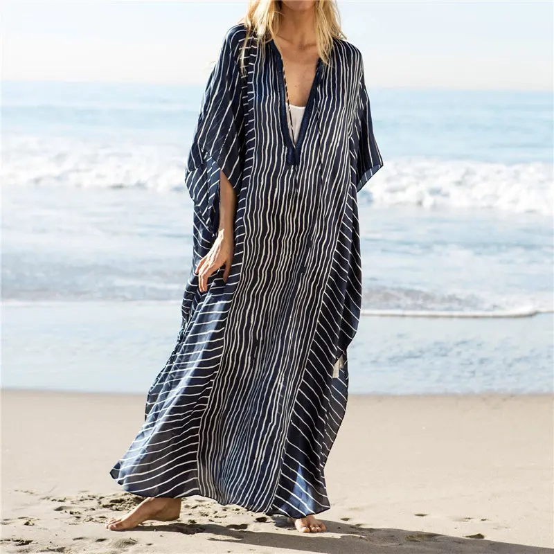 

2019 Dark Blue Striped Deep V-Neck Bats Sleeve Loose Summer Dress Beach Kaftan Plus Size Women Beachwear Maxi Dress Sarong N844