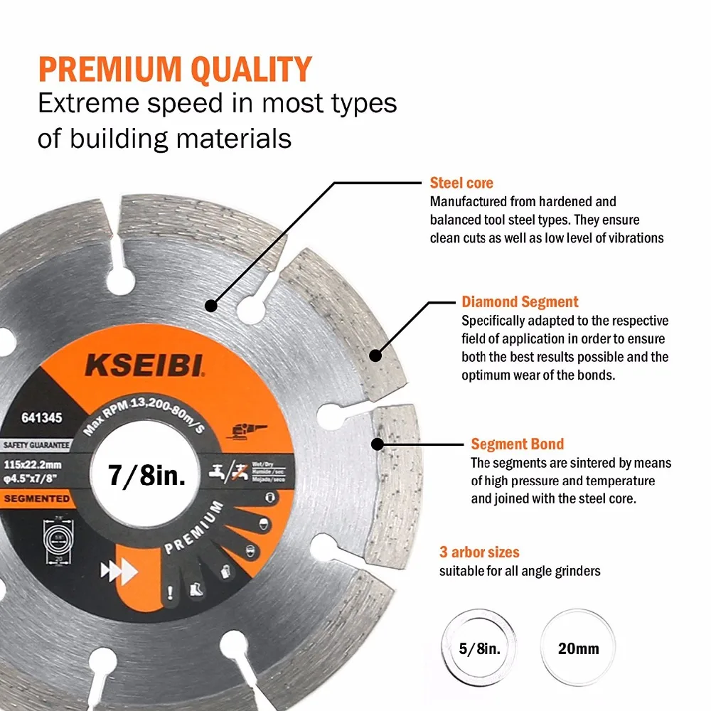 KSEIBI 641145 Премиум 4 1/2 дюймов сухой мокрый резка Сегментированный алмаз режущие диски с 7/8 дюймов Арбор для бетона камень кирпич Masonr