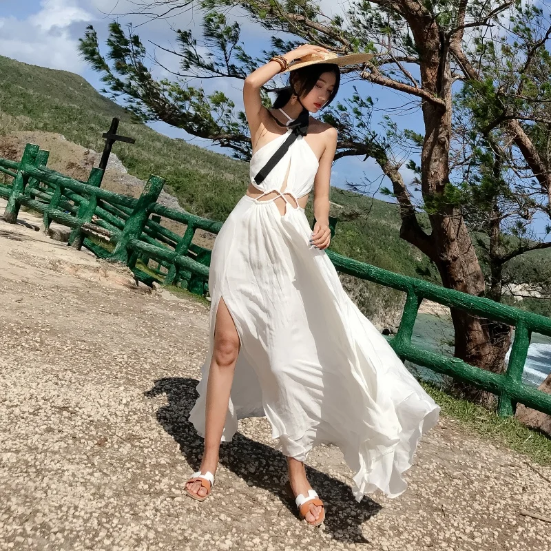 YOSIMI 2019 Summer Women Beach Dress Maxi Long Holiday White Dresses V-neck Sleeveless Backless Sexy Lady Strap Bandage Dress