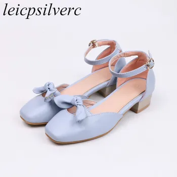 

Women Pumps Shoes Med Heel Pu Square Toe Butterfly-knot Buckle 2018 Summer Autumn New Fashion Sweet Casual Dress Blue Pink Beige
