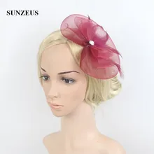 Милые острое Тюль Свадебные шляпы с перьями Бордовые женские вечерние шляпы hoeden bruiloft SH22