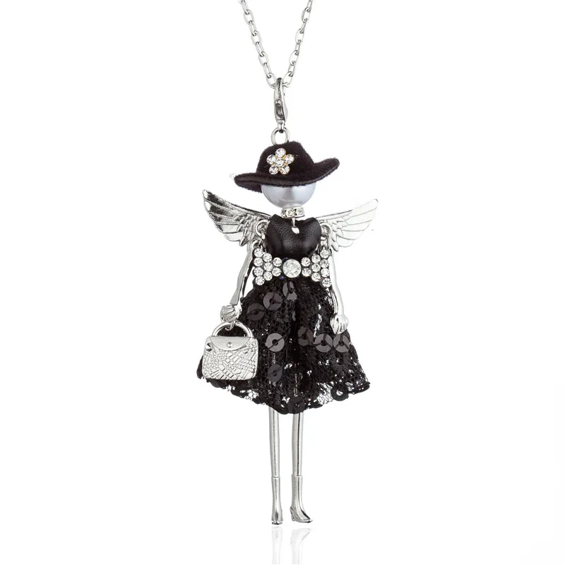 

Angel Wing Bowtie Sequin Black Dress Dancing Doll Pendant Necklace For Women Girls Statement Handmade Jewelry Collier Femme