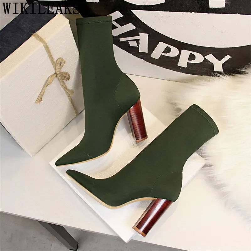 

socks boots shoes wood grain thick heel high heels boots women mid calf boots for women shoes woman botines mujer 2019 ayakkabi