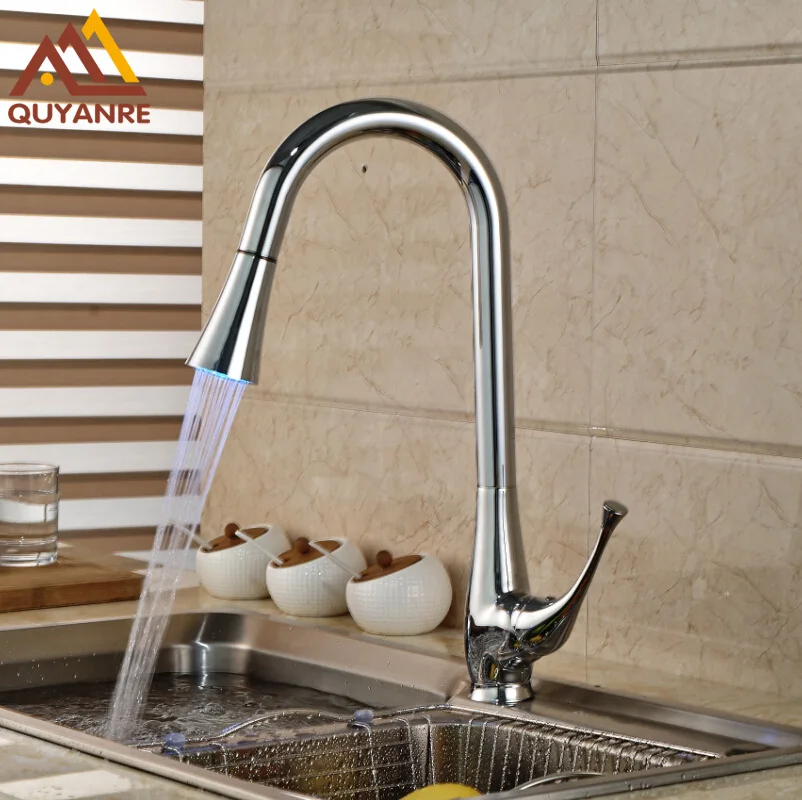 Drop Shipping Bright Chrome RGB Light Changing Kitchen Tap Single Handle Single Hole Faucet