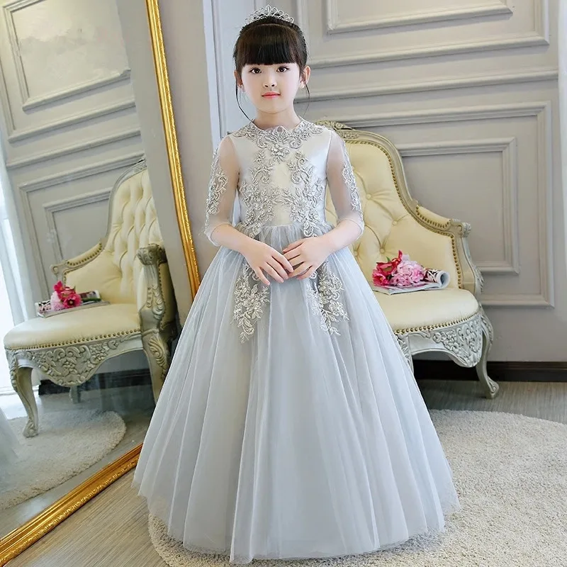 

Elegant Appliques Gray Lace Girl Wedding Dress Half Sleeve flower Girl Dress First Communion Gown For Party Birthday