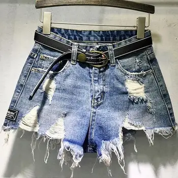 

2018 summer fashion blue high waist denim shorts women loose hole jeans shorts