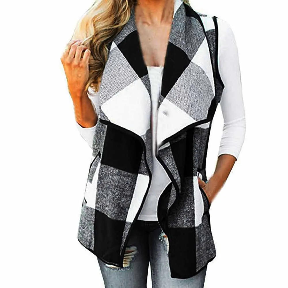 

Stylish Bar 2019 Womens Autumn Plaid Sleeveless Lapel Open Front Cardigan Sherpa Jacket Pockets #0524
