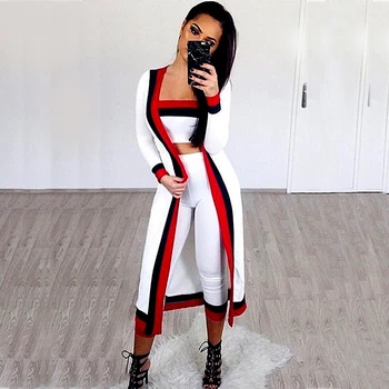 

2019 New Arrive Three 3 Pieces Women Sext Coat&top&pants White Bandage Suit Patchwork Strapless Fashion Elegant Evening Festa