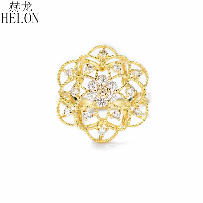 

HELON 0.5ct SI/H Round Cut Natural Diamond Engagement Ring Solid 14k Yellow Gold Elegant Unirque Flower Women Trendy Jewely Ring