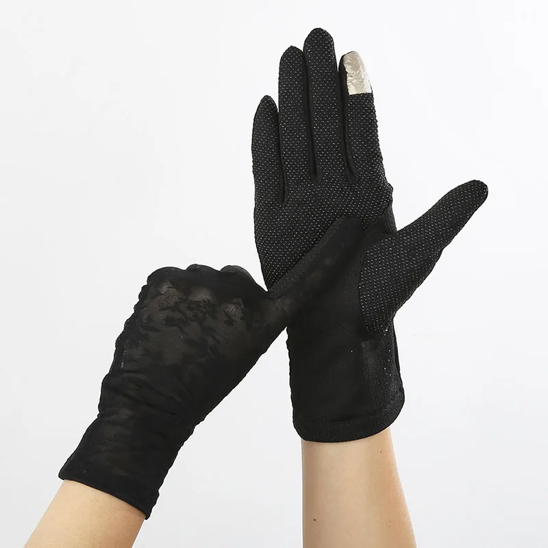 Сексуальные кружевные перчатки для защиты от солнца, летние женские тянущиеся тонкие перчатки для сенсорного экрана с защитой от ультрафиолета, противоскользящие перчатки для вождения, дышащие, Размер 23 см - Цвет: Черный