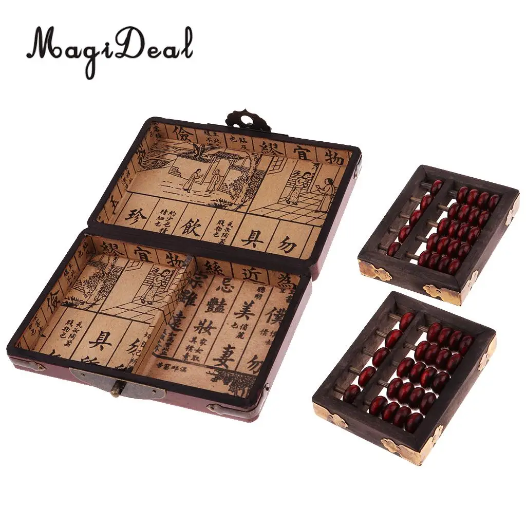 MagiDeal 2Pcs Vintage Chinese Wooden Bead Arithmetic Abacus 5 Rows Calculator Counting Tool w/ Box